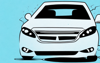 A rented car with noticeable damages parked next to a question mark
