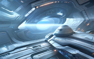 A variety of iconic science fiction elements such as spaceships