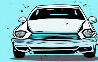A damaged car with a broken windshield and dents