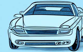 A car with visible dents and scratches parked near an insurance building