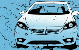 A car with visible damages parked on the side of a german street