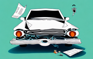 A wrecked car with a broken insurance policy document floating in the wind nearby
