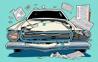 A wrecked car with a broken insurance policy document scattered around it