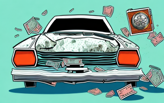 A wrecked car with a smashed piggy bank in the background