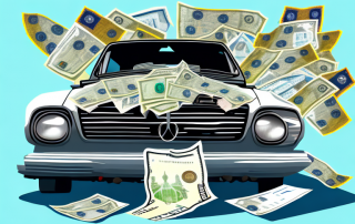 A wrecked car with a german insurance document and a bundle of euro notes on the side to represent the payout