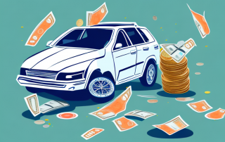 A crashed car with a wallet spilling out coins and bills