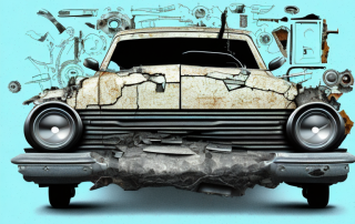 A car in a state of serious disrepair with various tools and parts nearby