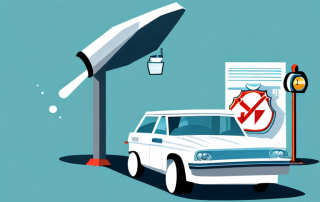 A car speeding away from a street light post with a noticeable dent