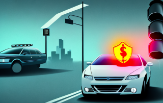 A car with a visible dent or scratch fleeing from a broken traffic light or signpost