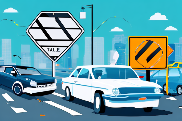 A car crash scene with visible damage to both vehicles and a traffic sign in the background