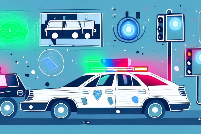 A police car with flashing lights involved in a minor collision with another vehicle