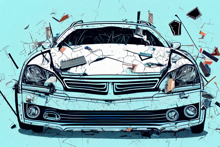 A damaged car with various repair tools scattered around it