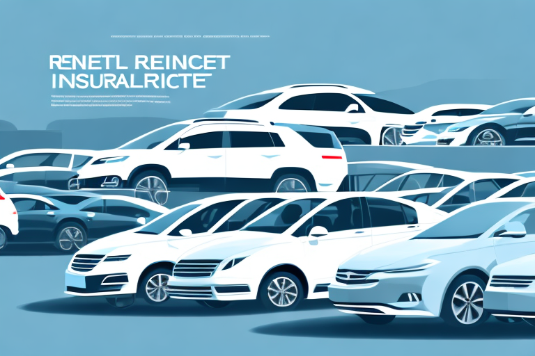 Several rental cars lined up with insurance shields floating above them