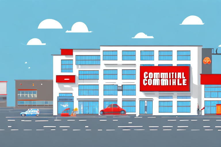 A commercial building with a large "for lease" sign in the front