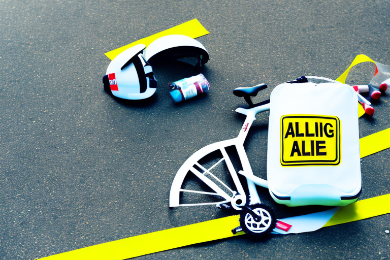 A bicycle lying on the ground next to a first aid kit