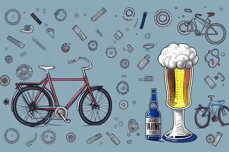A bicycle leaning against a beer bottle