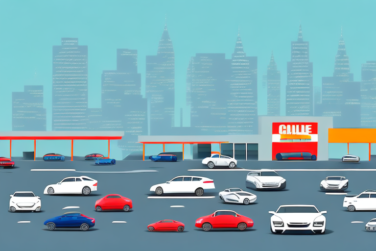 A car dealership with various types of cars and a prominent sign indicating they are lease returns