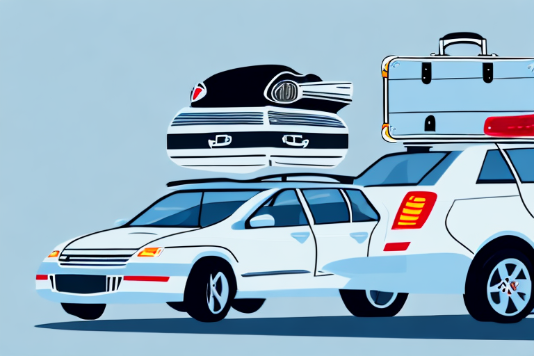 A car with various types of luggage securely fastened on its roof