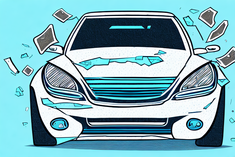 A car with visible damages such as a broken windshield and dents
