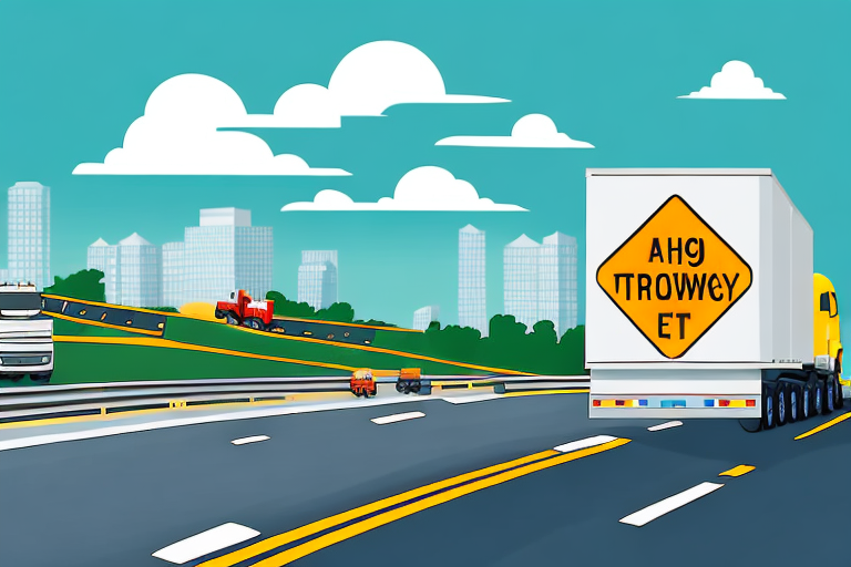 A highway scene with a large truck and a car towing a trailer