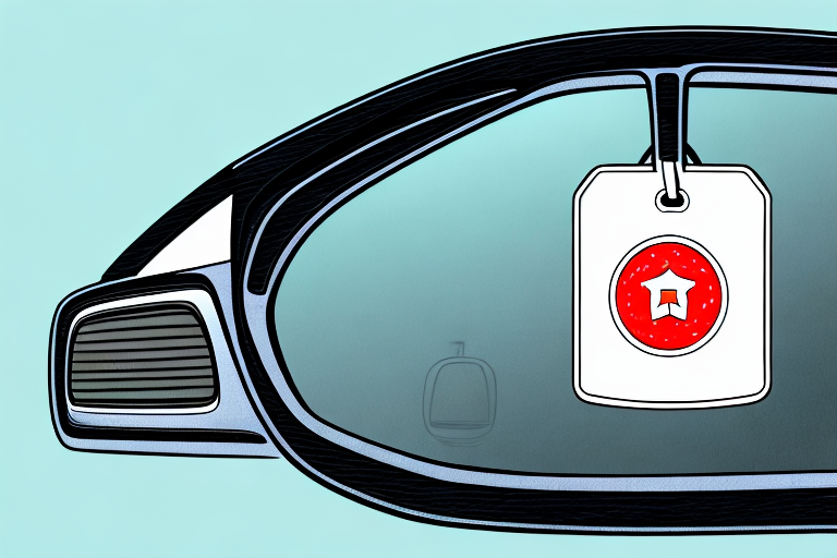 A car with a half-filled discount tag hanging from the rearview mirror