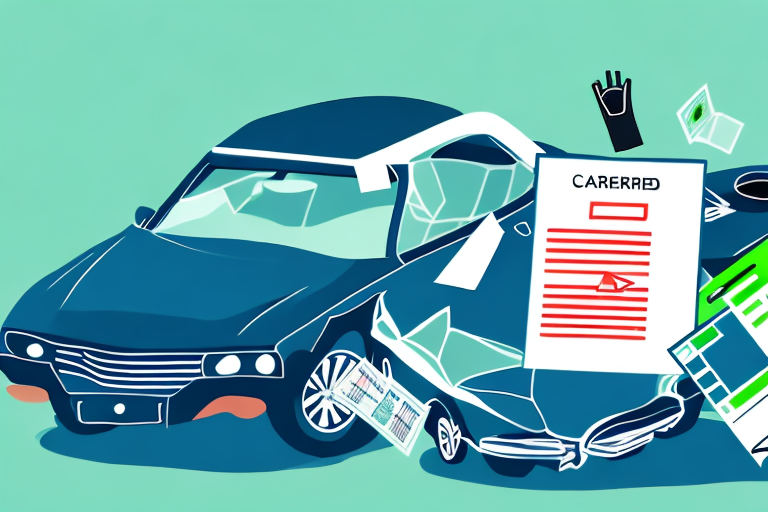 A green card next to a crashed car and a checklist