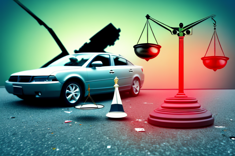 A car accident scene with a broken traffic light and scattered car parts