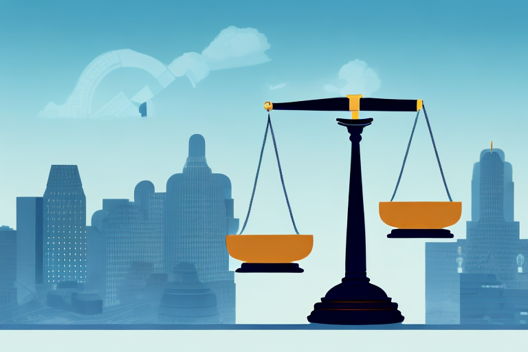 A balanced scale with a gavel on one side and a car with a safety helmet on the other side