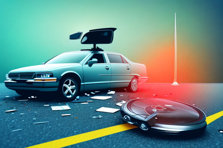 A car accident scene with a broken traffic light