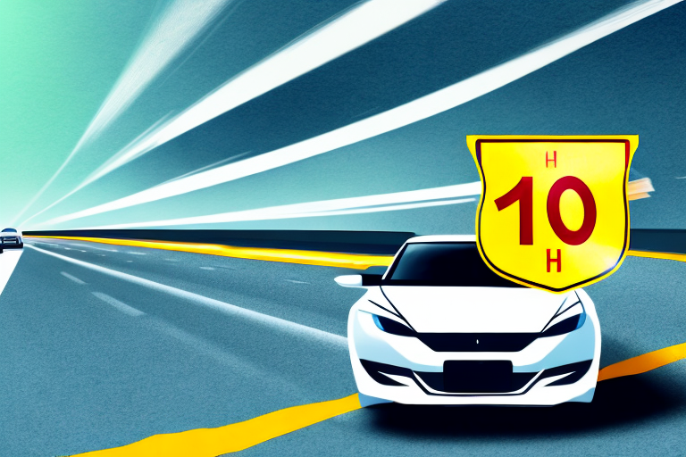 A car speeding on a spanish highway with a speed sign showing 10 km/h over the limit and a ticket flying in the wind