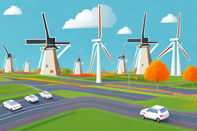 A dutch landscape with iconic windmills and tulip fields
