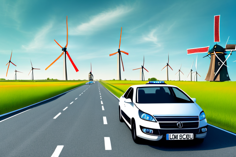 A car accident scene on a dutch countryside road with windmills in the background