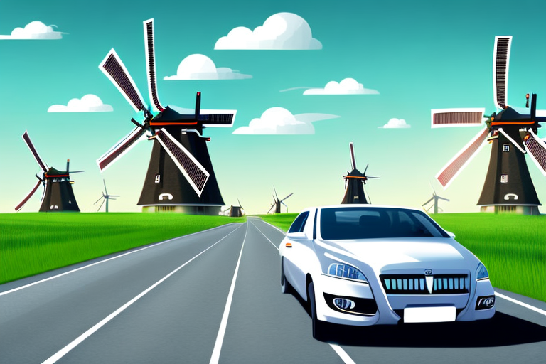 A car speeding on a dutch countryside road with windmills in the background and a speed limit sign in the foreground
