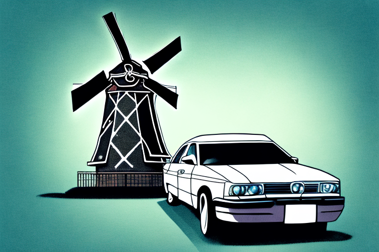 A car parked beside a dutch windmill at night