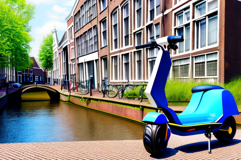 An e-scooter parked near a dutch canal with a symbolic sign indicating a fine or penalty