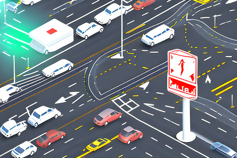 A main road sign prominently displayed at a busy intersection