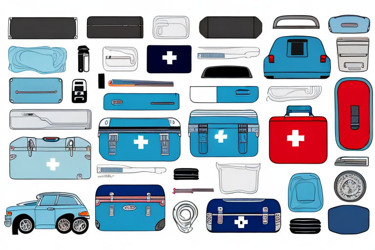 An open car trunk filled with various essential items such as a first aid kit