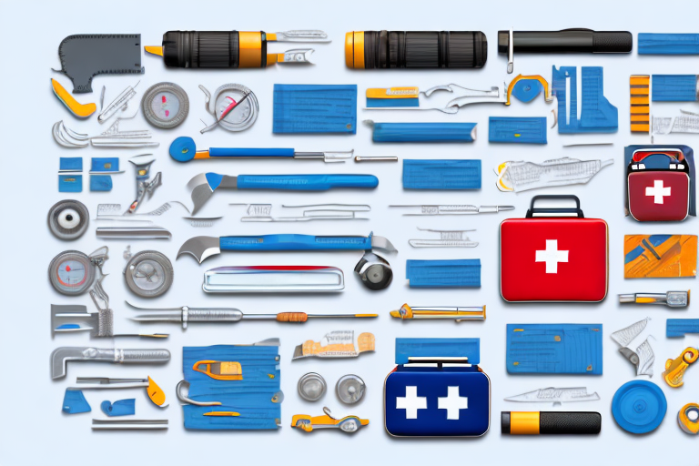 Various essential items in a car such as a first aid kit