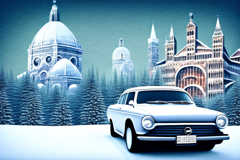 A car equipped with winter tires on a snowy italian road with iconic italian landmarks in the background