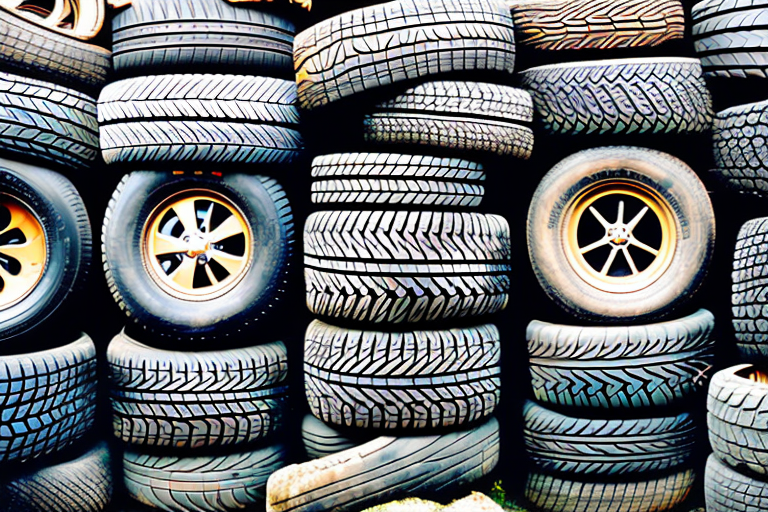Several types of all-season tires displayed against a backdrop of austrian landscapes