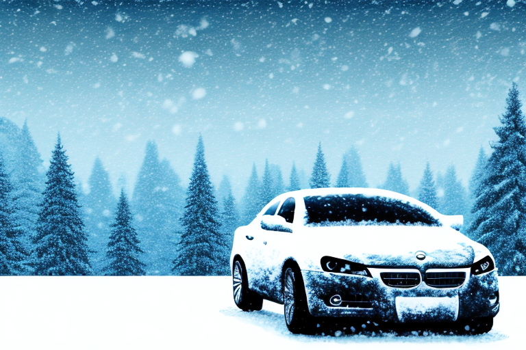 A snowy austrian landscape with a car equipped with all-weather tires navigating through the winter road