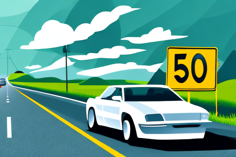 A car speeding on a rural road with a speed limit sign indicating 50 km/h