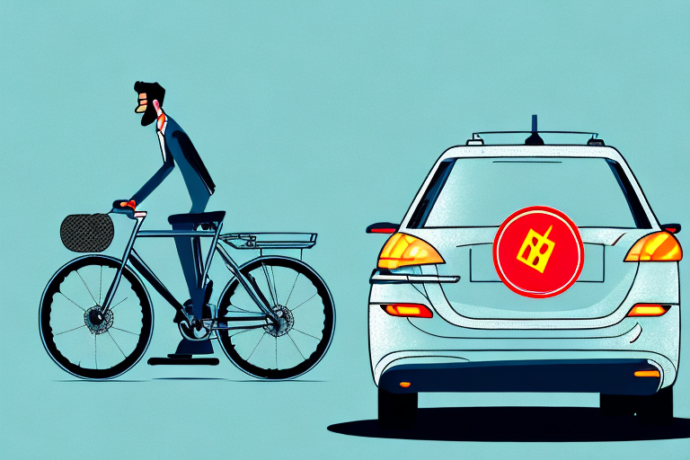 A bike carrier attached to the back of a car with a reflective warning sign on it