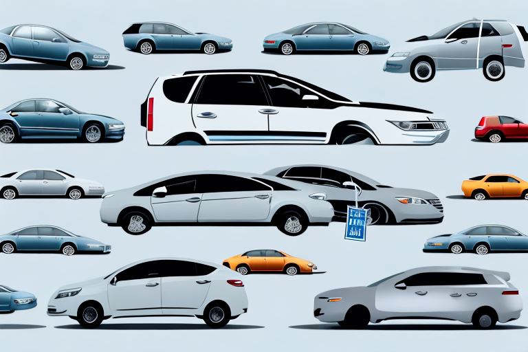 A car dealership lot with various types of cars and a price tag hanging from each car's rearview mirror