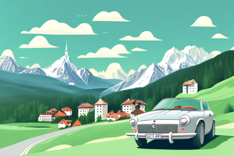 A picturesque austrian landscape with a sleek car parked on a winding road