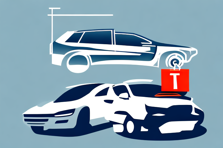 A car dealership with various types of cars and a large price tag hanging from the dealership sign