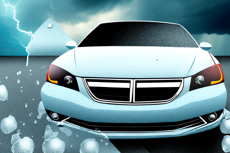 A car with visible dents and cracks from hailstones