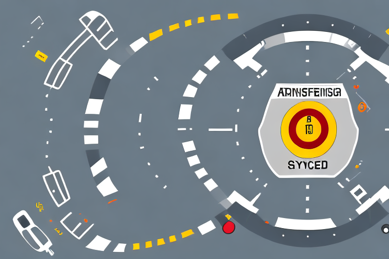 A car on a road with various road signs and symbols