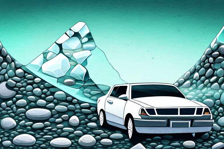 A car parked under a rocky cliff with falling stones
