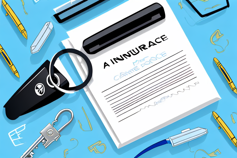 A car insurance policy document with a car key and a car in the background
